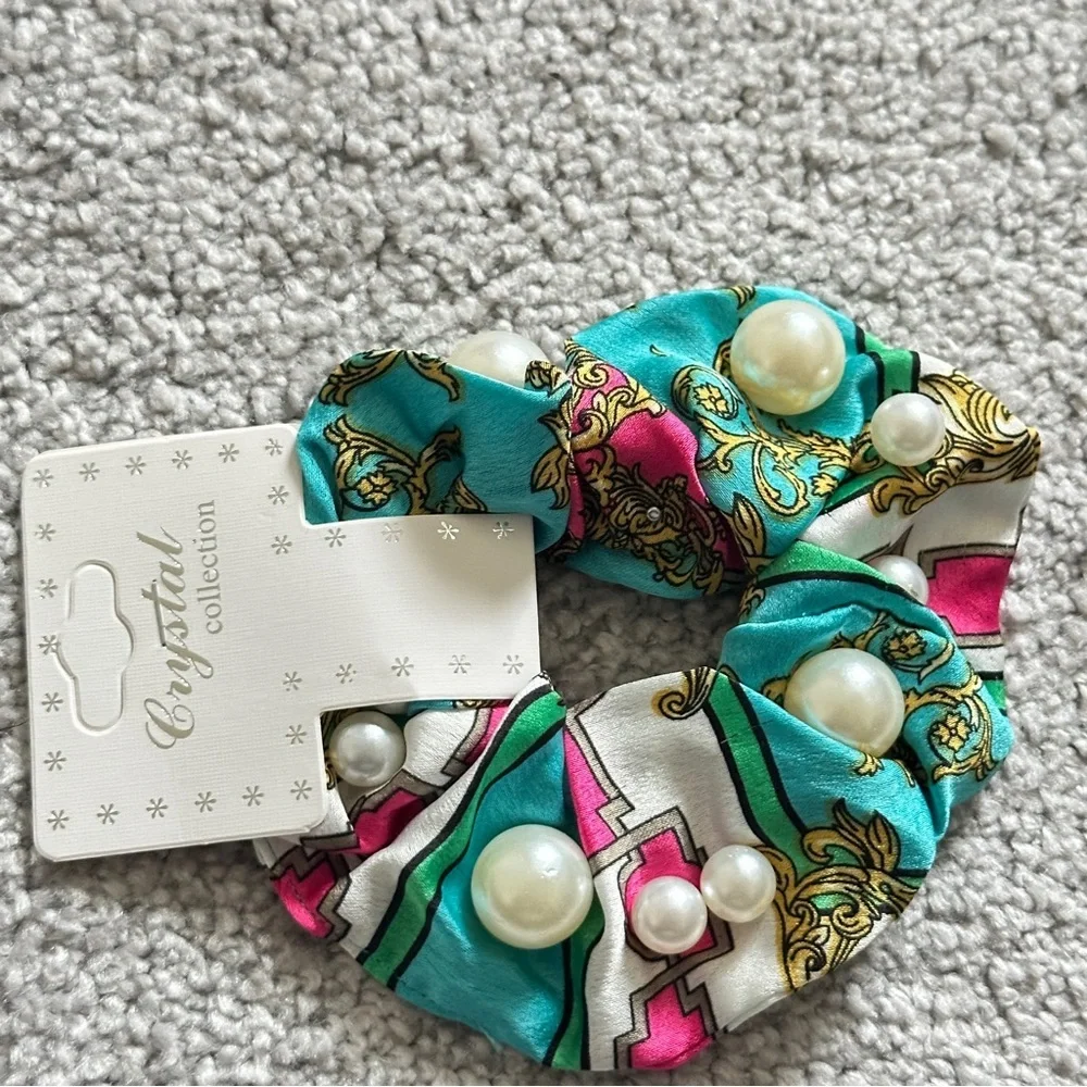 Colorful Patterned Scrunchies with Pearls